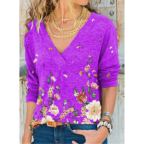 

Women's Blouse Floral Long Sleeve V Neck Tops Black Blue Purple