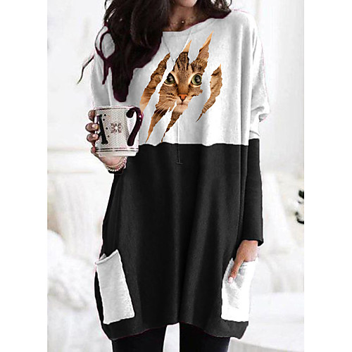 

Women's 3D Cat T shirt Dress Tunic Cat 3D Graphic Prints Long Sleeve Patchwork Print Round Neck Basic Tops Black Gray