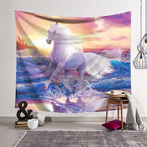 

Wall Tapestry Art Deco Blanket Curtain Hanging Home Bedroom Living Room Dormitory Decoration Polyester Fiber Animal White Horse Treading Wave Sunset