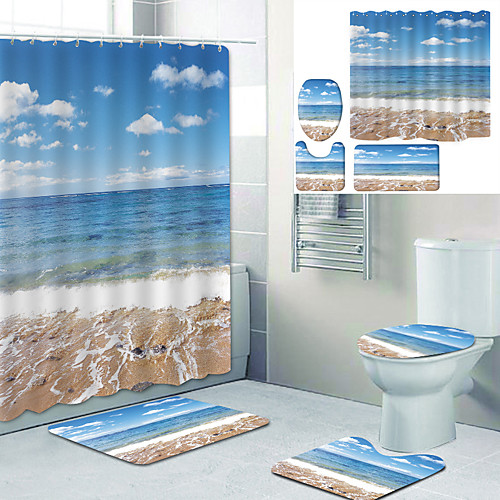

Blue sky and white Clouds beach Printed bathtub curtain liner covered with waterproof fabric shower curtain for bathroom home decoration with hook floor mat and four-piece toilet mat
