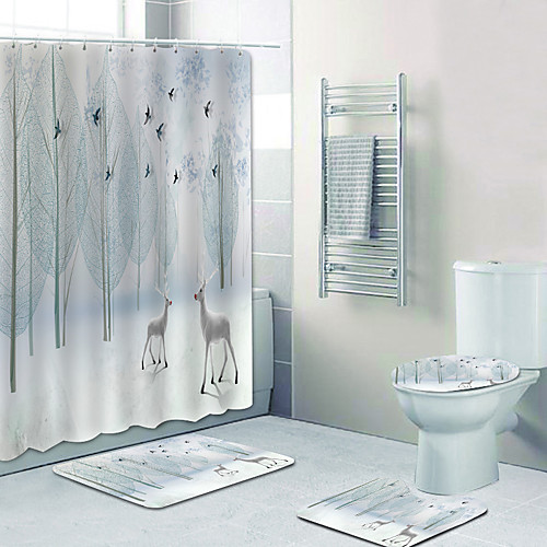 

White Elk Forest Bird Digital Printing Four-piece Set Shower Curtains And Hooks Modern Polyester Machine Made Waterproof Bathroom