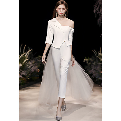 

Two Piece Jumpsuits Wedding Dresses One Shoulder Floor Length Stretch Satin Half Sleeve Simple with Split Front 2021