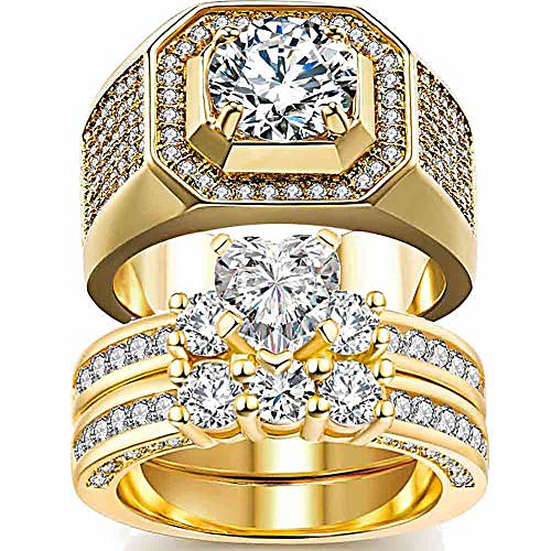 

2 rings his and hers couple rings bridal sets yellow gold filled heart cz womens wedding ring sets man wedding bands