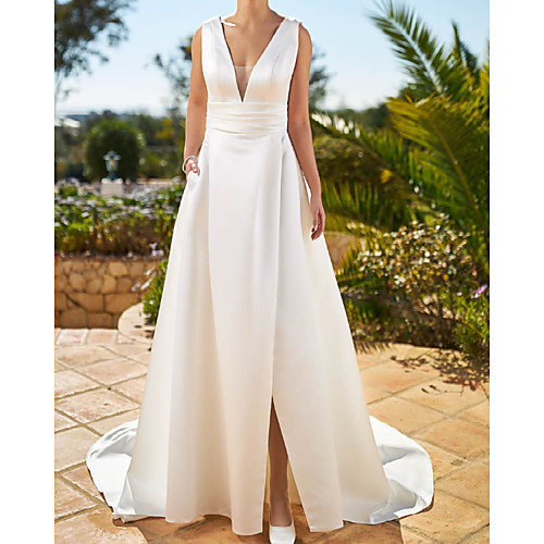 

A-Line Wedding Dresses V Wire Sweep / Brush Train Satin Sleeveless Simple with Split Front 2021