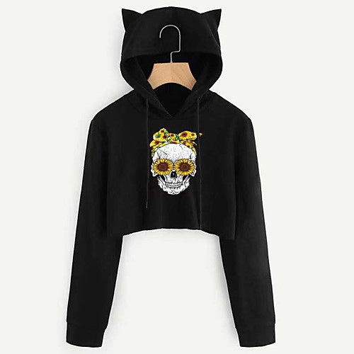 

Women's Hoodie Cropped Sweatshirt Floral Graphic Skull Cat Ear Casual Hoodies Sweatshirts Wine Green Black