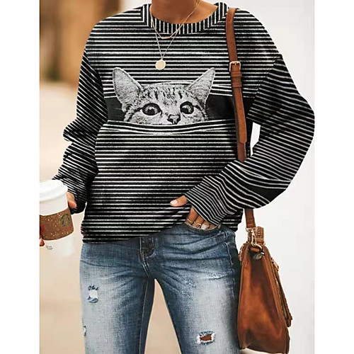 

Women's Pullover Sweatshirt Lines / Waves Cat Print Daily Weekend 3D Print Active Basic Hoodies Sweatshirts Black