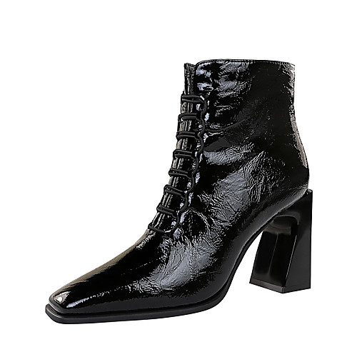 

Women's Boots Chunky Heel Square Toe Booties Ankle Boots Vintage Sexy Party & Evening Patent Leather Lace-up Solid Colored Winter Black