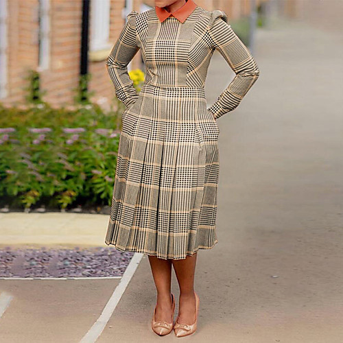 

Women's Shift Dress Maxi long Dress Blushing Pink Khaki Long Sleeve Color Block Patchwork Fall Shirt Collar Casual Loose 2021 S M L XL XXL 3XL