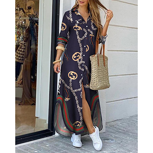 

Women's Shirt Dress Maxi long Dress Dusty Blue White Black Red Light Blue Long Sleeve Print Split Button Fall Spring Shirt Collar Stylish Casual 2021 S M L XL XXL