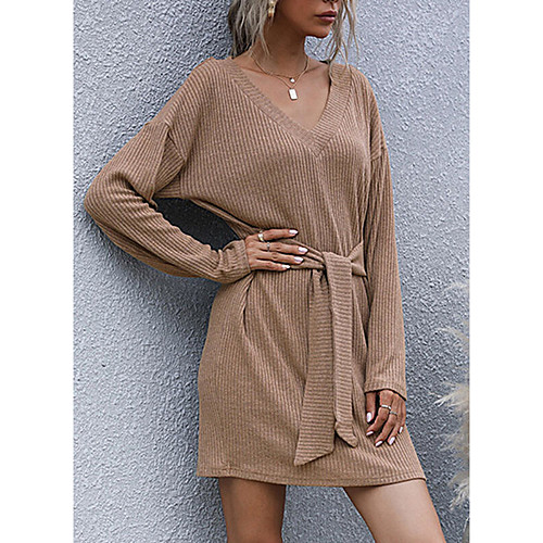 

Women's Swing Dress Knee Length Dress Yellow Black Long Sleeve Solid Color Fall Winter Casual Loose 2021 S M L XL XXL 3XL / Mini