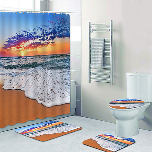 

Spray Sunset Digital Printing Four-piece Set Shower Curtains And Hooks Modern Polyester Machine Made Waterproof Bathroom