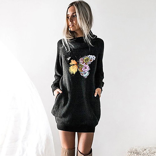 

Women's T shirt Dress Butterfly Long Sleeve Cowl Neck Tops Black Wine Camel