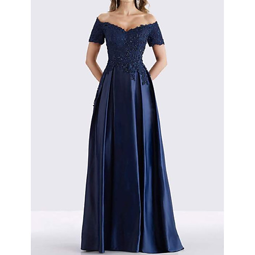 

A-Line Mother of the Bride Dress Elegant Off Shoulder Floor Length Lace Satin Short Sleeve with Pleats Beading 2021