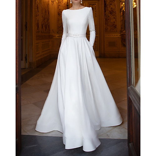 

A-Line Wedding Dresses Jewel Neck Floor Length Lace Satin Long Sleeve Country Simple with Sashes / Ribbons Buttons Crystal Brooch 2021