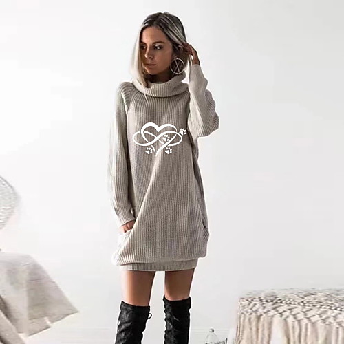 

Women's T shirt Dress Heart Graphic Prints Long Sleeve Cowl Neck Tops Black Wine Camel