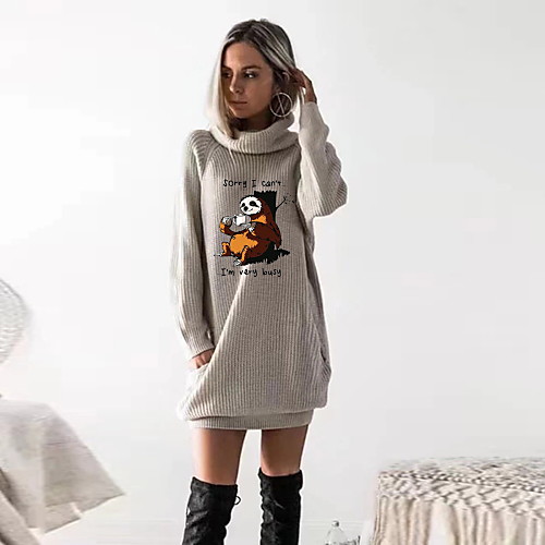 

Women's T shirt Dress Graphic Prints Animal Long Sleeve Cowl Neck Tops Black Wine Camel