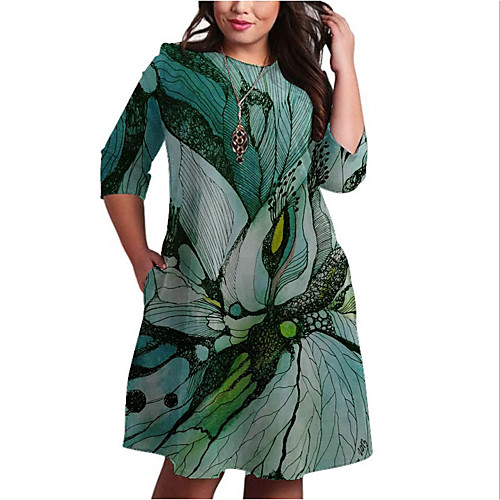 

Women's Plus Size Dress Shift Dress Knee Length Dress 3/4 Length Sleeve Print Print Casual Fall Spring Green XXL 3XL 4XL 5XL 6XL / Loose