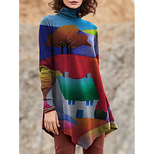 

Women's T Shirt Dress Tee Dress Short Mini Dress Blue Purple Yellow Green Red Long Sleeve Floral Print Color Block Patchwork Print Fall Winter Turtleneck Casual Loose 2021 S M L XL XXL 3XL 4XL 5XL