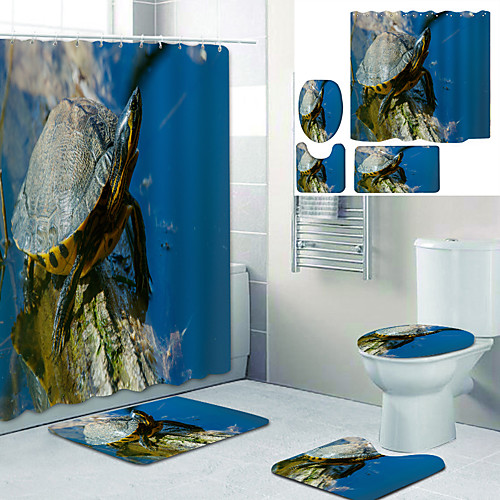 

Cute Little Turtle Printed bathtub curtain liner covered with waterproof fabric shower curtain for bathroom home decoration with hook floor mat and four-piece toilet mat