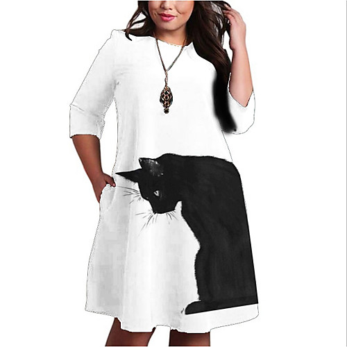 

Women's A Line Dress Knee Length Dress Half Sleeve Striped Animal Pocket Patchwork Print Fall Spring Plus Size Casual 2021 White XXL 3XL 4XL 5XL 6XL