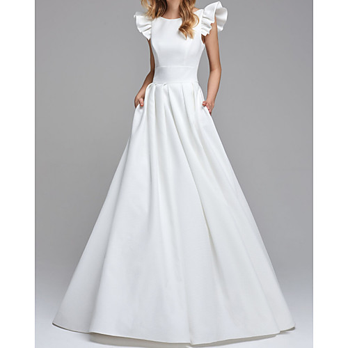 

A-Line Wedding Dresses Jewel Neck Floor Length Satin Sleeveless Simple Backless with 2021