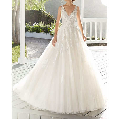 

A-Line Wedding Dresses V Neck Floor Length Lace Tulle Sleeveless Country Formal with Pleats Appliques 2021
