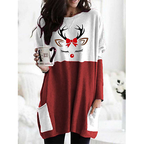 

Women's T Shirt Dress Tee Dress Short Mini Dress Green Red Long Sleeve Print Pocket Patchwork Print Fall Spring Round Neck Casual Christmas Loose 2021 S M L XL XXL 3XL / Plus Size / Plus Size