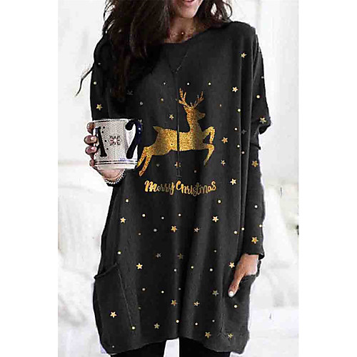 

Women's T Shirt Dress Tee Dress Short Mini Dress Black Long Sleeve Print Animal Pocket Patchwork Print Fall Spring Round Neck Casual Christmas Loose 2021 S M L XL XXL 3XL / Plus Size / Plus Size