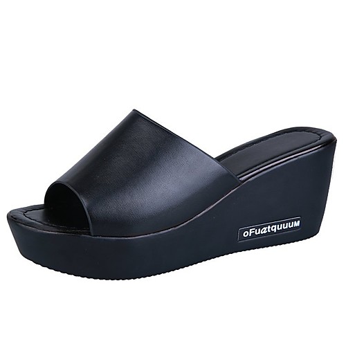 

Women's Sandals Wedge Heel Peep Toe Wedge Sandals Casual Daily Walking Shoes Faux Leather Solid Colored White Black