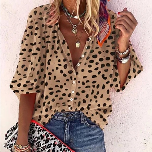 

Women's Blouse Shirt Leopard Cheetah Print Print V Neck Elegant Tops Khaki