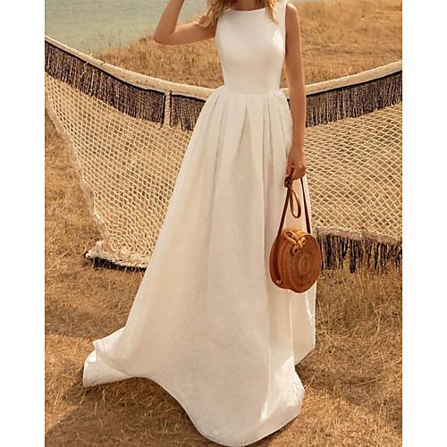 

A-Line Wedding Dresses Jewel Neck Sweep / Brush Train Satin Sleeveless Simple with Pleats 2021