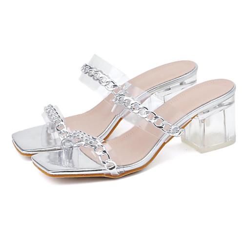 

Women's Sandals Chunky Heel Square Toe Casual Daily Walking Shoes PU Solid Colored Black Silver