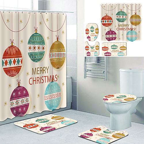 

Christmas Balls Printed Bathtub Curtain Liner Covered With Waterproof Fabric Shower Curtain For Bathroom Home Decoration With Hook Floor Mat And Four-piece Toilet Mat