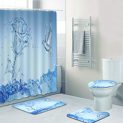 

Water Rose Bird Digital Printing Four-piece Set Shower Curtains And Hooks Modern Polyester Machine Made Waterproof Bathroom
