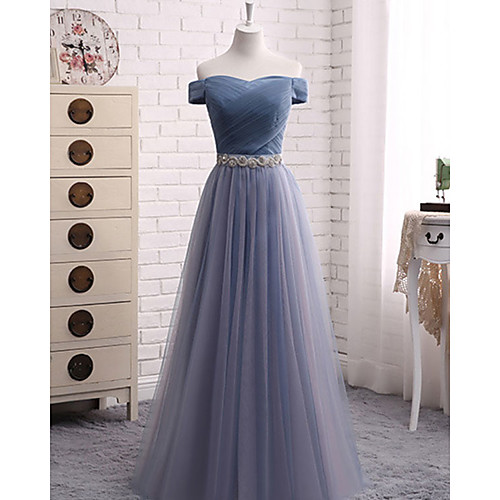 

A-Line Off Shoulder Long Length Tulle Bridesmaid Dress with Pleats