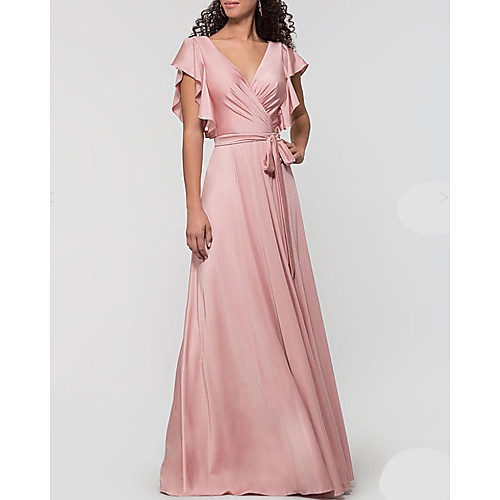

A-Line Plunging Neck Floor Length Satin Bridesmaid Dress with Bow(s) / Ruffles / Open Back