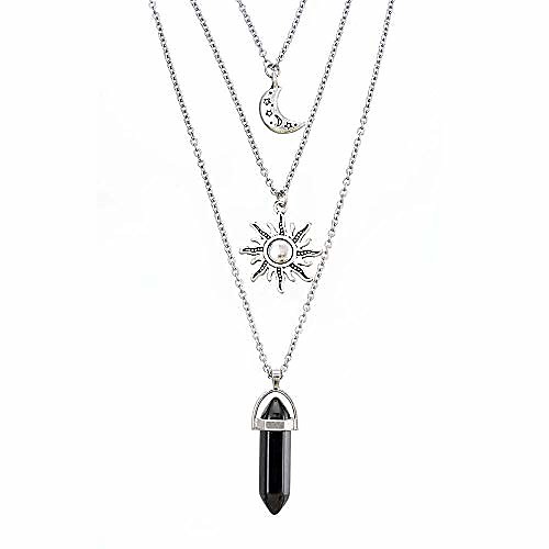 

gothic necklaces chakra sun and moon charm pendant multlayered alloy chain choker necklace set gothic jewelry(silver-pentacle pentagram)