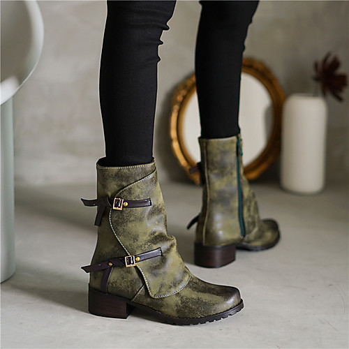 

Women's Boots Chunky Heel Round Toe Mid Calf Boots Casual Preppy Daily Office & Career Suede PU Buckle Solid Colored Winter Army Green Khaki / Mid-Calf Boots