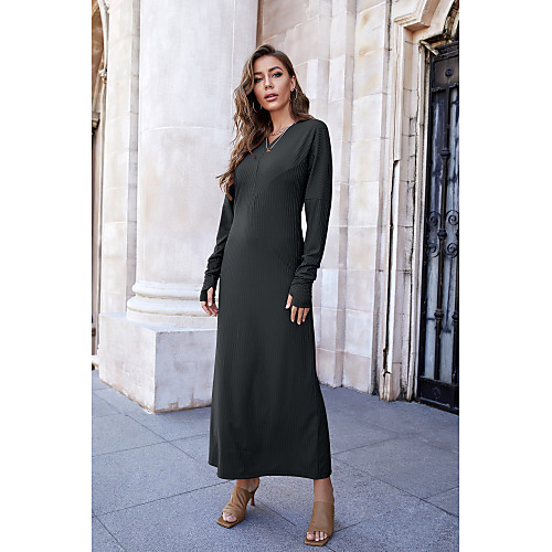 

Women's Shift Dress Maxi long Dress Dark Gray Long Sleeve Solid Color Patchwork Fall Winter V Neck Casual 2021 S M L XL