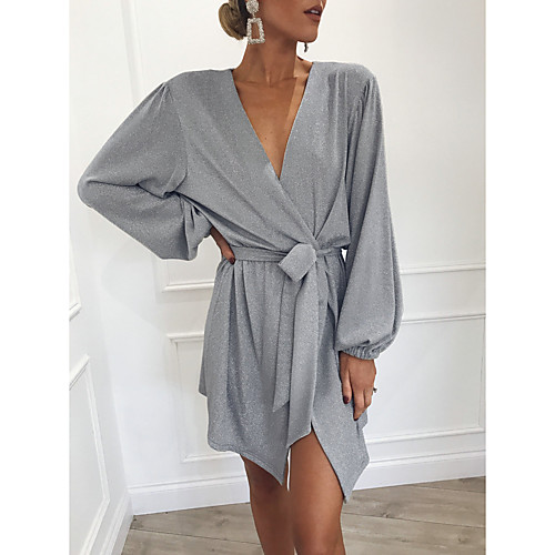 

Women's A Line Dress Short Mini Dress Silver Black Long Sleeve Solid Color Sequins Lace up Fall V Neck Casual Club 2021 S M L XL