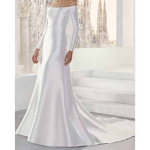 

Mermaid / Trumpet Wedding Dresses Off Shoulder Sweep / Brush Train Satin Long Sleeve Simple with 2021