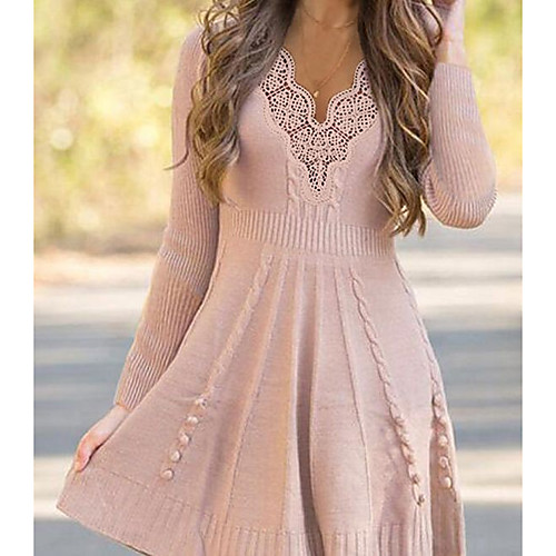 

Women's Sweater Jumper Dress Short Mini Dress Blushing Pink Long Sleeve Solid Color Mesh Patchwork Winter Spring V Neck Casual 2021 M L XL XXL 3XL