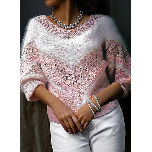 

Women's Casual Knitted Hole Color Block Pullover Sweater Long Sleeve Sweater Cardigans V Neck Fall Winter Light Blue Blushing Pink Holiday