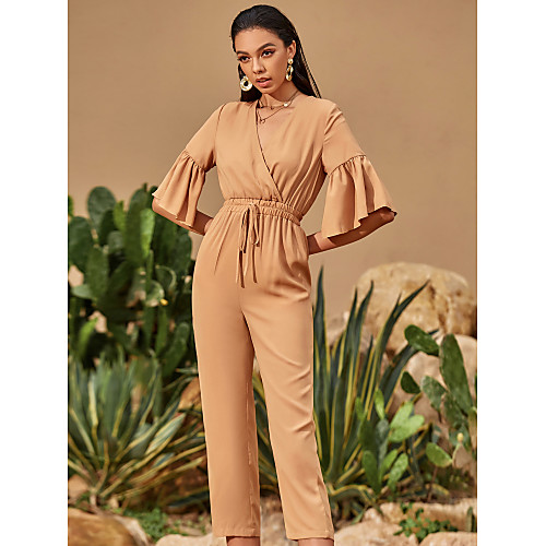 

Women's Streetwear Khaki Jumpsuit Solid Colored Ruffle Patchwork