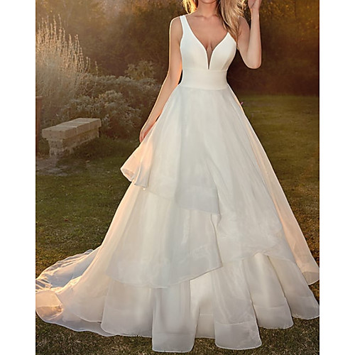 

A-Line Wedding Dresses V Neck Sweep / Brush Train Satin Tulle Sleeveless Country Simple with Cascading Ruffles 2021