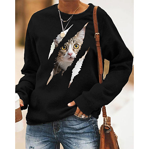 

Women's Pullover Sweatshirt Cat Graphic 3D Print Daily 3D Print Basic Casual Hoodies Sweatshirts Gray Black