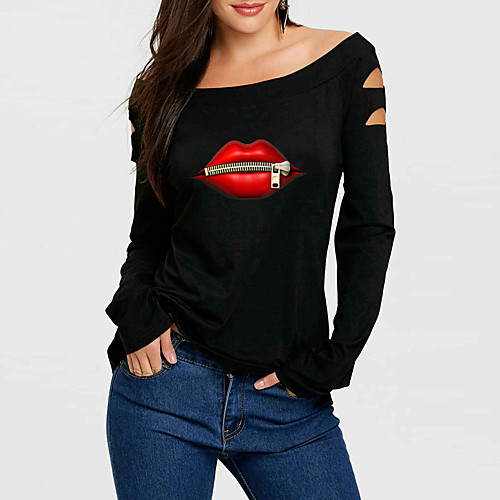 

Women's T shirt Graphic Prints Lips Long Sleeve Print Off Shoulder Tops Basic Basic Top Black