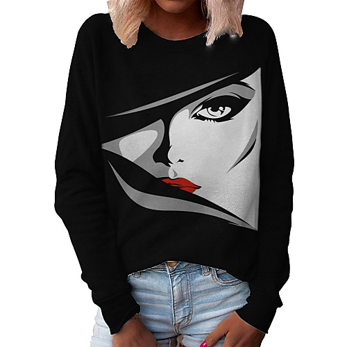 

Women's Pullover Sweatshirt Graphic Portrait Daily Basic Casual Hoodies Sweatshirts Gray Black