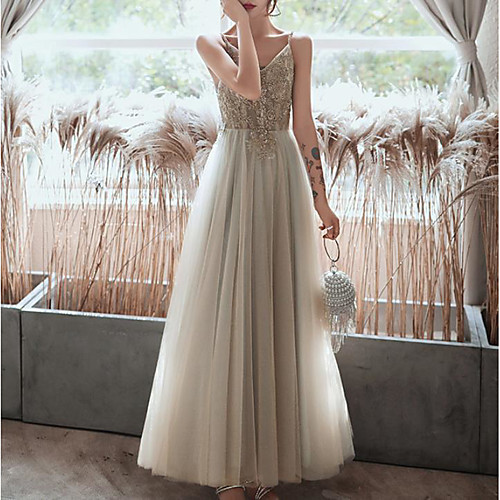 

A-Line Empire Elegant Prom Formal Evening Dress Spaghetti Strap Sleeveless Ankle Length Tulle with Pleats Appliques 2021