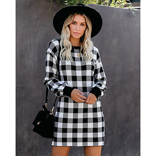 

Women's Shift Dress Short Mini Dress Royal Blue Black Red Long Sleeve Check Patchwork Print Fall Spring Round Neck Casual Slim 2021 S M L XL XXL 3XL